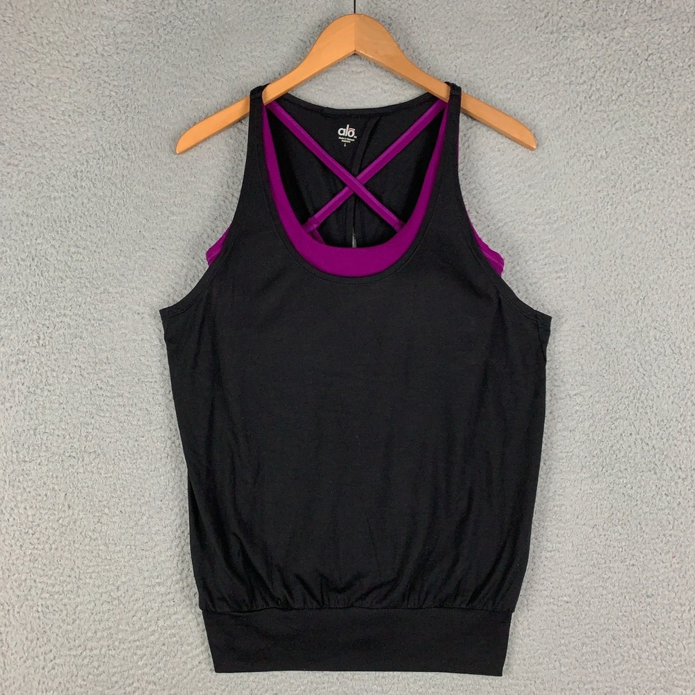Alo Yoga Tank Top Women's Large Black/Purple Open Back Built In Bra Gym‎ Workout